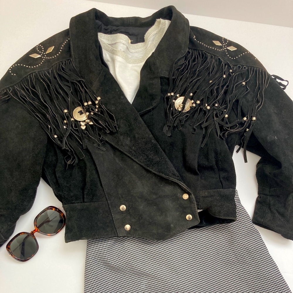 VINTAGE 1970’s Black Suede jacket with fringe and conchos